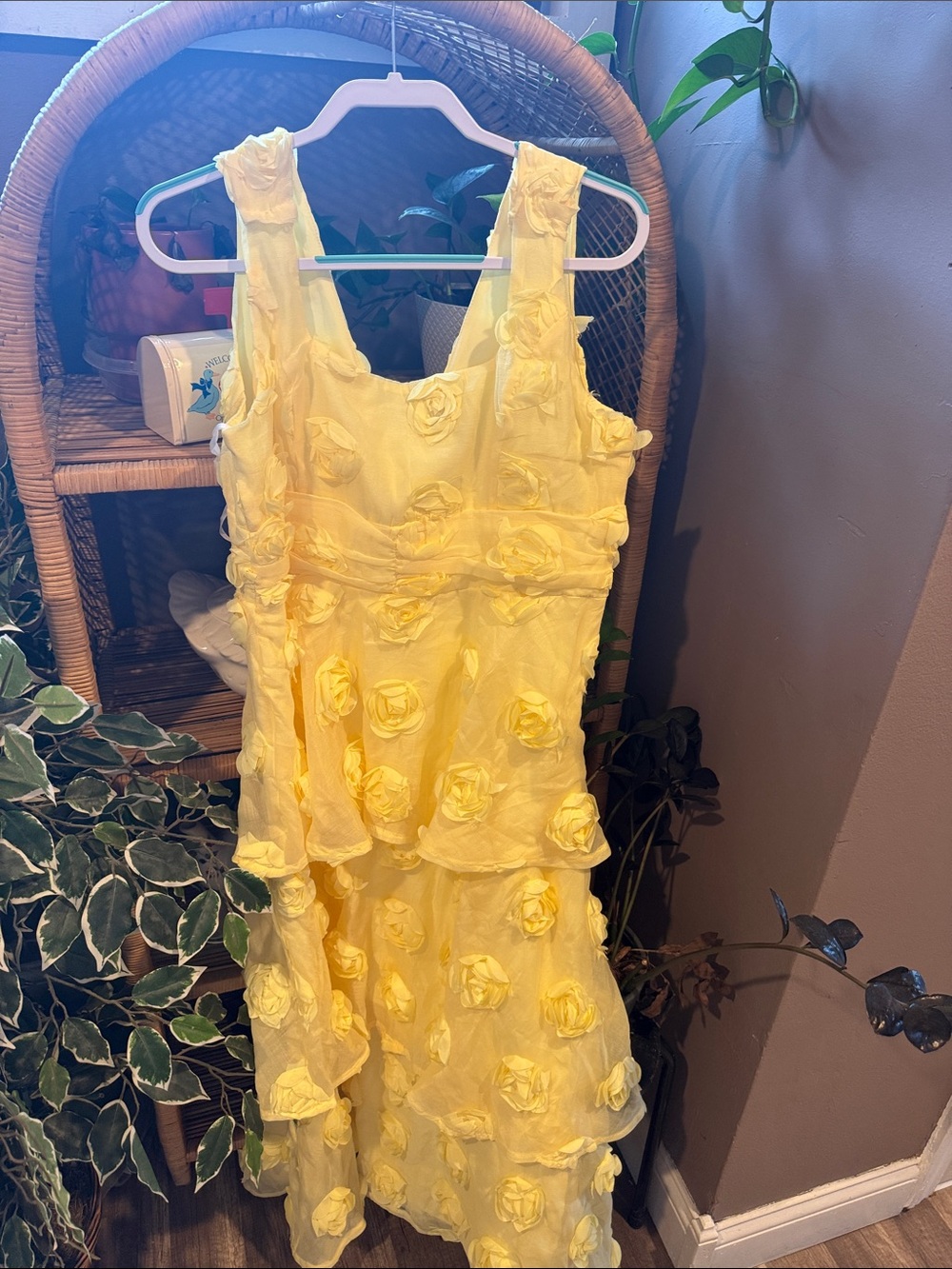 Lulu's Yellow Floral Rosette Midi Dress
